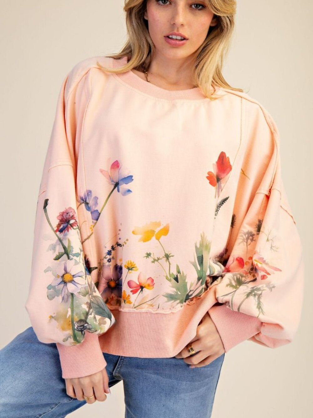 NWT Easel Floral Printed Mineral Washed Terry Knit Pullover in Coral